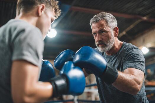A coach works closely with a young boxer, guiding him in technique and strategy during a training session at a gym. The atmosphere is focused and energetic photo