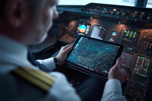 A pilot focuses intently on a tablet displaying flight navigation and route information while seated in the cockpit of an aircraft during a flight photo