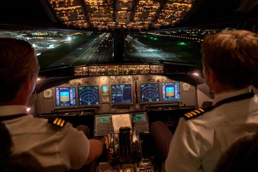 Two pilots focus on their instruments as they approach landing at a major airport. The cockpit displays are lit up, providing crucial flight data in the dark photo