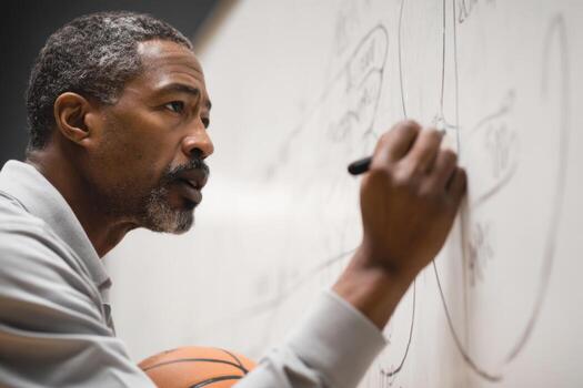 A basketball coach focuses on explaining game strategy by drawing diagrams on a whiteboard during a training session. A basketball rests beside him as he engages his players photo