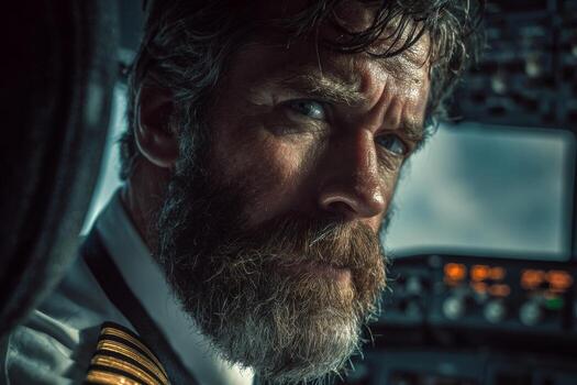 A pilot with a beard and intense expression navigates a flight in a modern cockpit filled with instruments and controls. Bright daylight filters in, focusing on his concentration photo