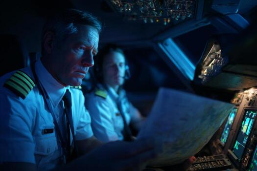 Two pilots are concentrated on their tasks in the cockpit as they review a flight map and equipment screens during a nighttime flight. The atmosphere is illuminated by instrument lights photo
