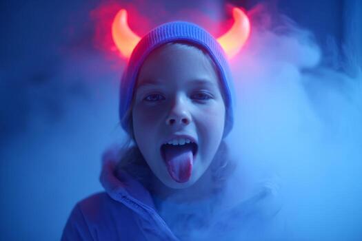 un niño en broma palos fuera su lengua mientras vistiendo un azul gorro con brillante rojo diablo cuernos. niebla rodea a ellos, creando un caprichoso atmósfera durante un evento foto
