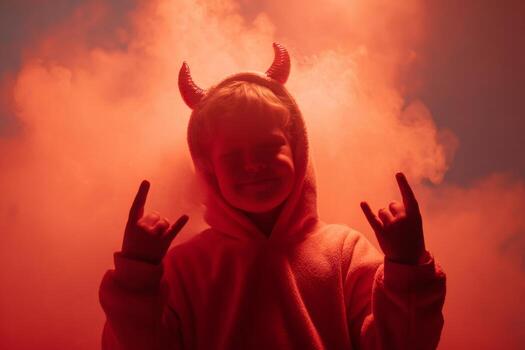 A child dressed in a pink devil outfit smiles while making a playful gesture with both hands, surrounded by red smoke. The setting creates a whimsical, festive atmosphere photo