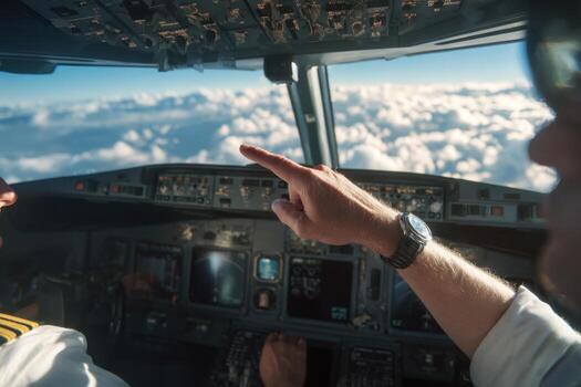 Inside an aircraft cockpit, a pilot is pointing while instructing the co-pilot. Fluffy clouds are visible below against a bright blue sky, indicating a high-altitude flight photo