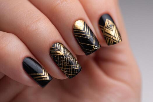 A close-up view of beautifully manicured nails showcasing a striking black and gold design. The intricate geometric patterns add a touch of sophistication to the elegant look photo