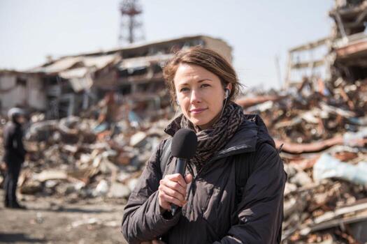A reporter stands amidst the rubble of destroyed structures, holding a microphone and preparing to report on the significant disaster that has impacted the urban landscape photo