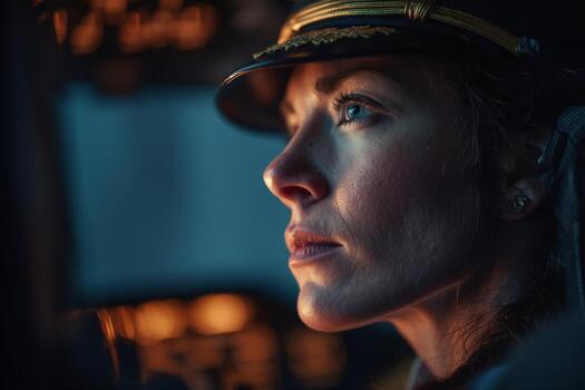 A female pilot concentrates on the flight controls in a dimly lit cockpit during the late evening. Her expression shows determination as she navigates the aircraft, surrounded by glowing instruments photo