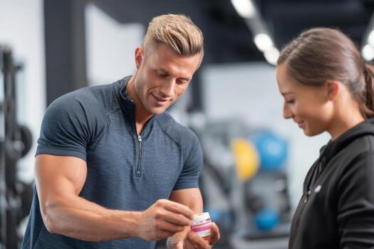 A fitness instructor is showing a client how to use a supplement while they engage in a workout session at a modern gym during the afternoon photo