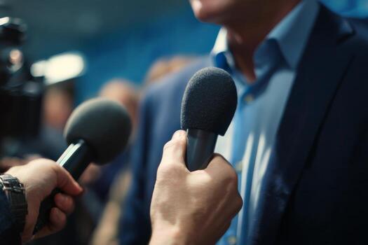 In a busy press conference setting, two journalists hold microphones while interviewing a public figure. The focus is on the interaction, surrounded by a crowd of reporters photo