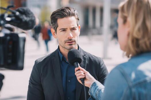 A man in a dark blazer speaks earnestly to a reporter holding a microphone in a bustling urban setting during the day. The background is lively with people photo