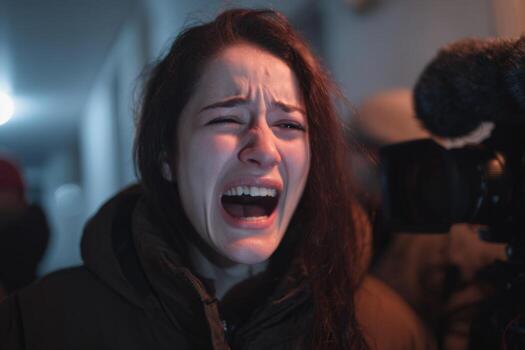 A woman is visibly emotional, with tears streaming down her face while surrounded by a group. The environment is dimly lit, adding to the somber mood and intensity of the situation photo