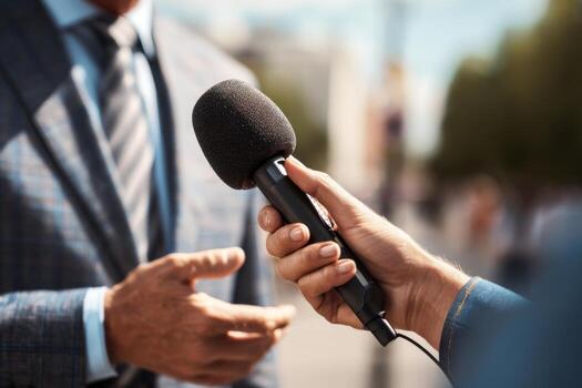 A speaker in formal attire engages in an interview outdoors, while a hand holds a microphone toward them in a bustling city environment during daylight photo