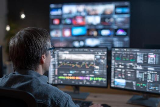 A financial analyst focuses on analyzing stock market trends using multiple computer monitors in a well-lit office. Charts and data visualizations display market activity photo