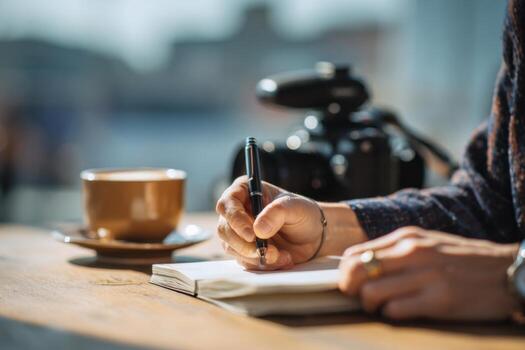 A person sits at a wooden table in a cozy cafe, writing in a journal with a pen. A camera and a cup of coffee rest nearby, capturing a creative moment filled with inspiration photo