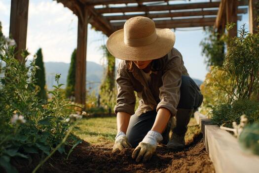 A gardener kneels in freshly turned soil, preparing a patch for planting while surrounded by lush greenery under a bright sun in the countryside photo