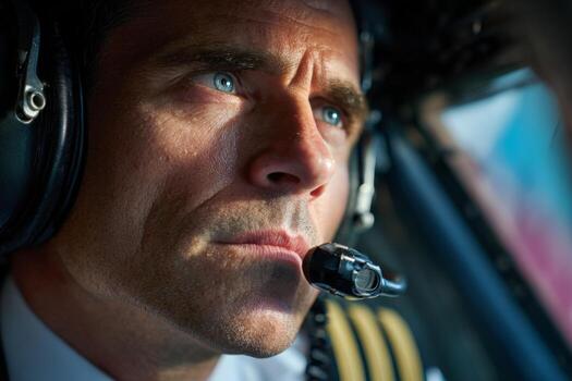 Pilot concentrates intently while flying a modern aircraft, showcasing the challenges of navigation as sunlight streams into the cockpit, creating a dynamic atmosphere during a flight photo