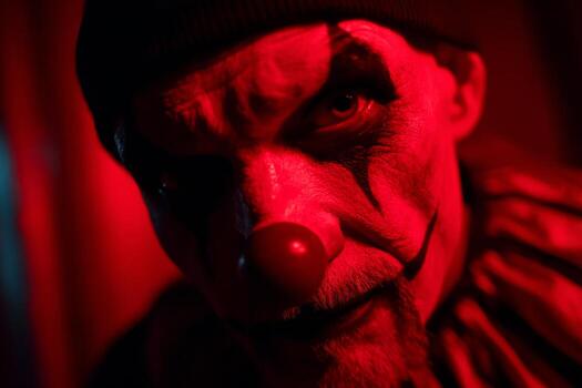A clown stands under dramatic red lighting, emphasizing a menacing expression photo