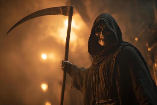 A formidable figure cloaked in shadows grips a long scythe. The eerie yellow lights flicker behind, casting an ominous atmosphere in the dimly lit environment, creating a haunting presence photo