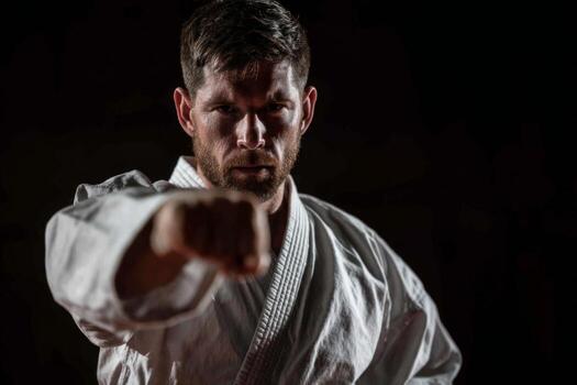 A martial artist demonstrates a powerful punch while wearing a traditional white uniform. The dojo is dimly lit, highlighting the dedication of the practitioner focused on mastering their skills photo