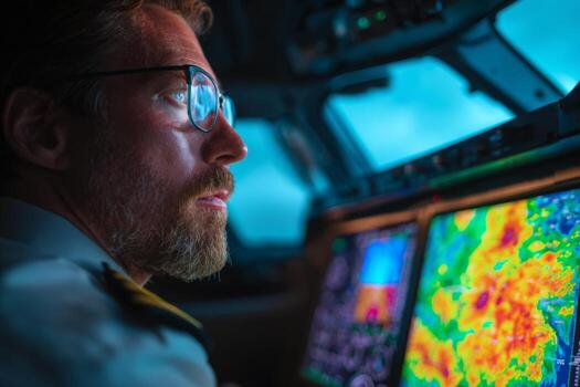 A pilot monitors advanced flight instruments while navigating through turbulent weather conditions. Bright screens display storm patterns, highlighting the seriousness of the situation photo
