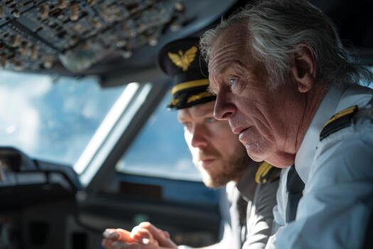 Two pilots are intently observing flight instruments and communicating inside a cockpit while soaring high above a breathtaking landscape during day time photo