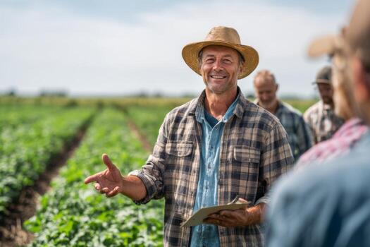 A farmer shares knowledge on crop management with a group in a lush green field under clear skies. The participants are engaged and eager to learn photo
