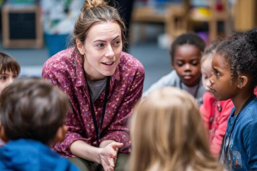 A teacher interacts with children in a vibrant classroom, encouraging participation and fostering learning. The kids listen attentively, creating a lively atmosphere of curiosity and engagement photo