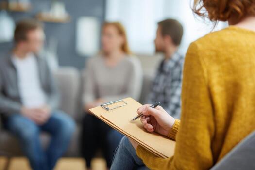 A counselor takes notes while observing a group therapy session. Three participants engage in a thoughtful conversation, contributing to a supportive atmosphere photo