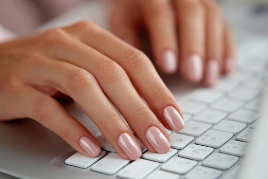 Well-groomed hands with light pink nails are seen pressing keys on a sleek white keyboard. Natural light illuminates the modern workspace, enhancing the atmosphere of productivity photo