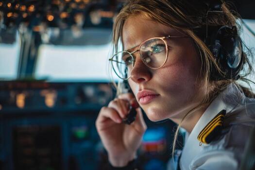 Focused young pilot wearing glasses and headset communicates with air traffic control while operating the aircraft in a busy cockpit environment photo