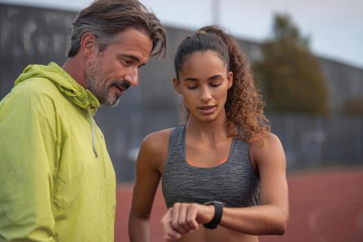 A running coach provides guidance to a female athlete during a training session on an outdoor track. The sun sets in the background, creating a calm atmosphere photo