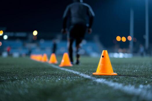 Athletes participate in a structured football training session at night under bright lights. Orange cones are arranged on the grass to guide drills and exercises photo