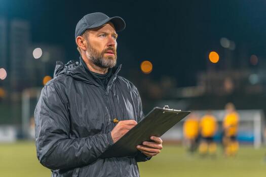 Under the night sky, a coach monitors players practicing on the soccer field while holding a clipboard and jotting down notes to enhance performance photo