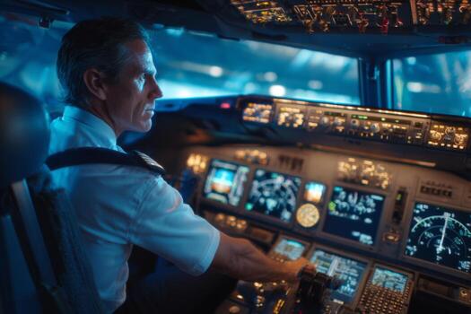 A skilled pilot focuses on managing the aircrafts controls inside the cockpit as the plane prepares for takeoff at night. The bustling airport is visible outside, enhancing the atmosphere photo