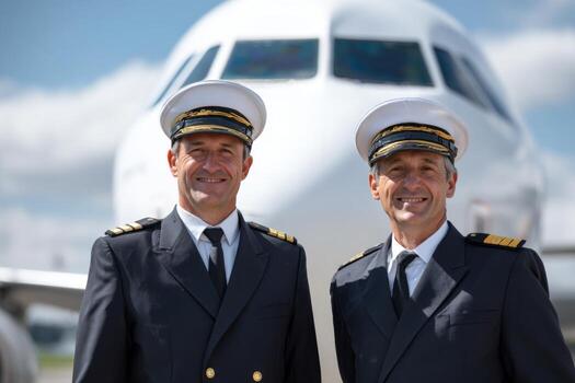 Two pilots in uniforms stand confidently in front of their aircraft. The sun shines brightly as they smile, showcasing camaraderie and readiness for their operational duties at the airport photo