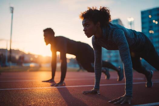 Two dedicated athletes perform push ups on a running track during sunset, highlighting their commitment to fitness and teamwork while the sky transitions in color photo