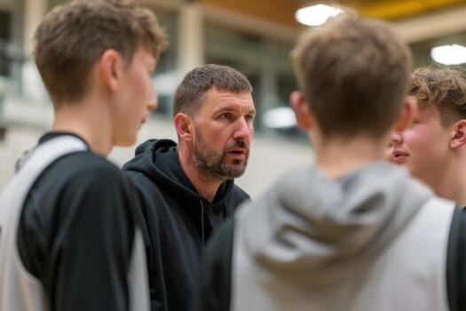 A coach provides guidance to young basketball players focusing on skill development and teamwork during an evening practice at a community gym photo