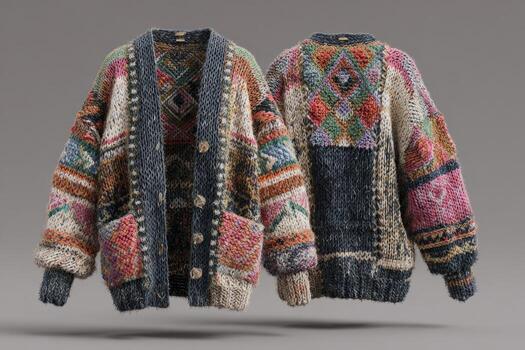 A unique cardigan showcasing vibrant patterns and textures, highlighted by large pockets and a cozy fit, perfect for chilly days or casual outings in any season photo