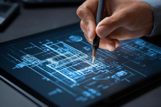 A person uses a stylus to create detailed architectural plans on a digital tablet. This modern workspace features a sleek design with technological tools photo