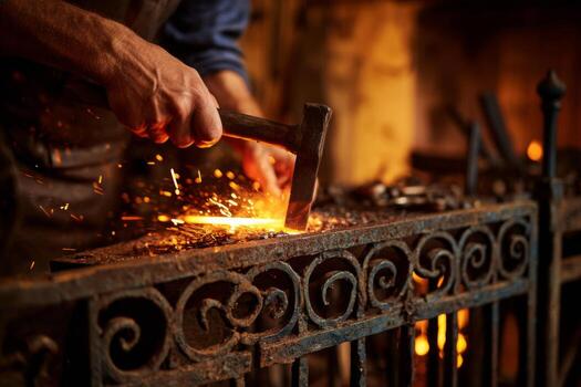 Late evening in a traditional forge where a skilled blacksmith hammers heated metal. Bright sparks fly as he shapes the glowing material, showcasing craftsmanship photo