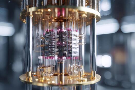 In a high-tech laboratory, an advanced quantum computer features intricate wiring and glowing components, illustrating the cutting-edge technology of quantum computing in action photo