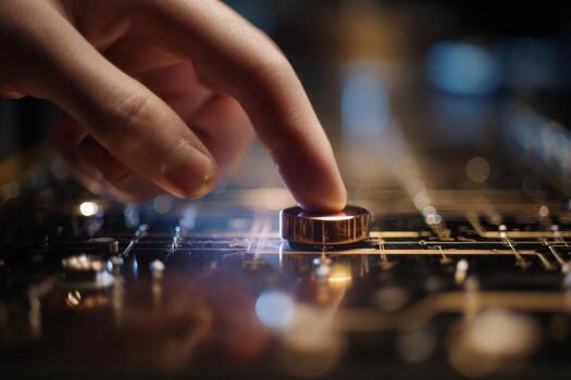 A hand gently touches a metallic dial on a sophisticated electronic circuit board in a high-tech laboratory environment as soft lights illuminate the workspace in the evening photo