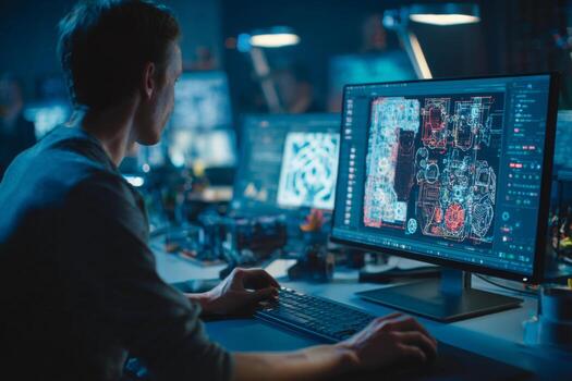 A young adult focuses intently on complex graphic design displayed on a large monitor in a dimly lit workspace filled with technology. Soft ambient lighting enhances the creative atmosphere photo