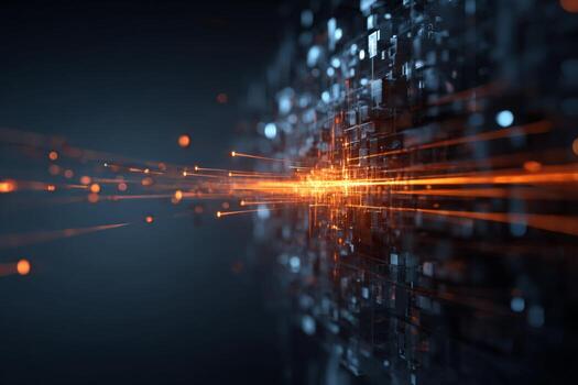 Bright orange light beams extend through a dark digital backdrop filled with pixel-like structures. The visual conveys a sense of energy and technology, suggesting data transfer photo