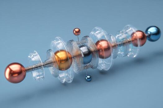 Delicate metal spheres in various colors are arranged with transparent circular structures, resting on a smooth blue surface. This composition highlights the blend of materials and shapes photo