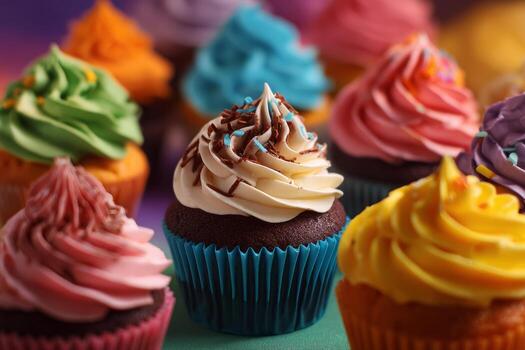 Delicious cupcakes with vibrant, swirled frosting in various colors are arranged on a table, creating an inviting atmosphere for a festive gathering during the day photo