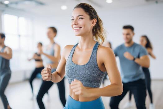 A fitness instructor guides a high-intensity interval training class in a well-lit studio, motivating participants with energetic movements and a positive atmosphere during their workout session photo