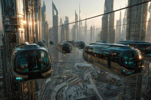 Transport pods glide smoothly through the air, connecting towering skyscrapers in a vibrant metropolis during sunset. The city is alive with energy and advanced technology photo