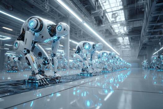 In a clean, modern factory, advanced robots assemble themselves with sleek designs and glowing interfaces, indicating cutting-edge technology in action photo